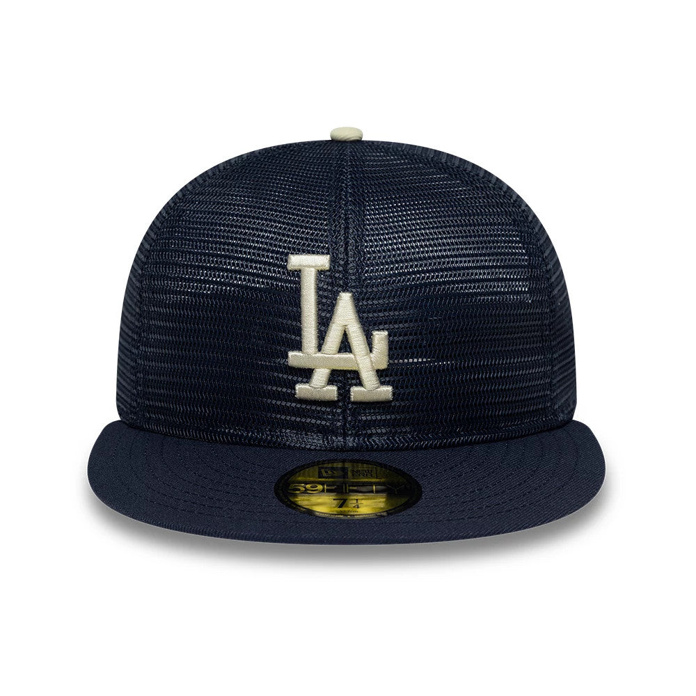 LA Dodgers MLB All Mesh Navy New Era 59FIFTY Fitted Cap, front view showing the raised embroidered LA logo in cream on the structured mesh navy crown, with a flat visor and gold 59FIFTY size sticker.