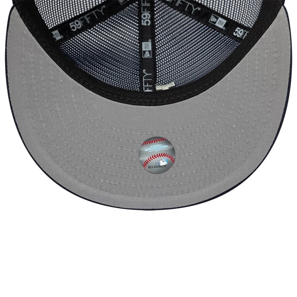 LA Dodgers MLB All Mesh Navy New Era 59FIFTY Fitted Cap, inside view showing black inner taping with white 59FIFTY branding and a grey undervisor featuring a baseball-themed sticker at the centre.