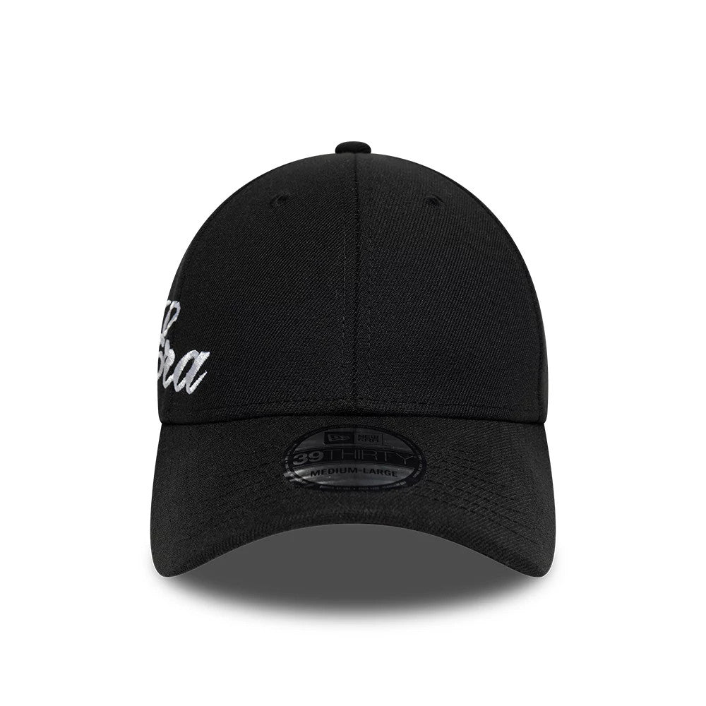 Pictured is this New Era Big Script 39THIRTY Stretch Fit cap in black. 2