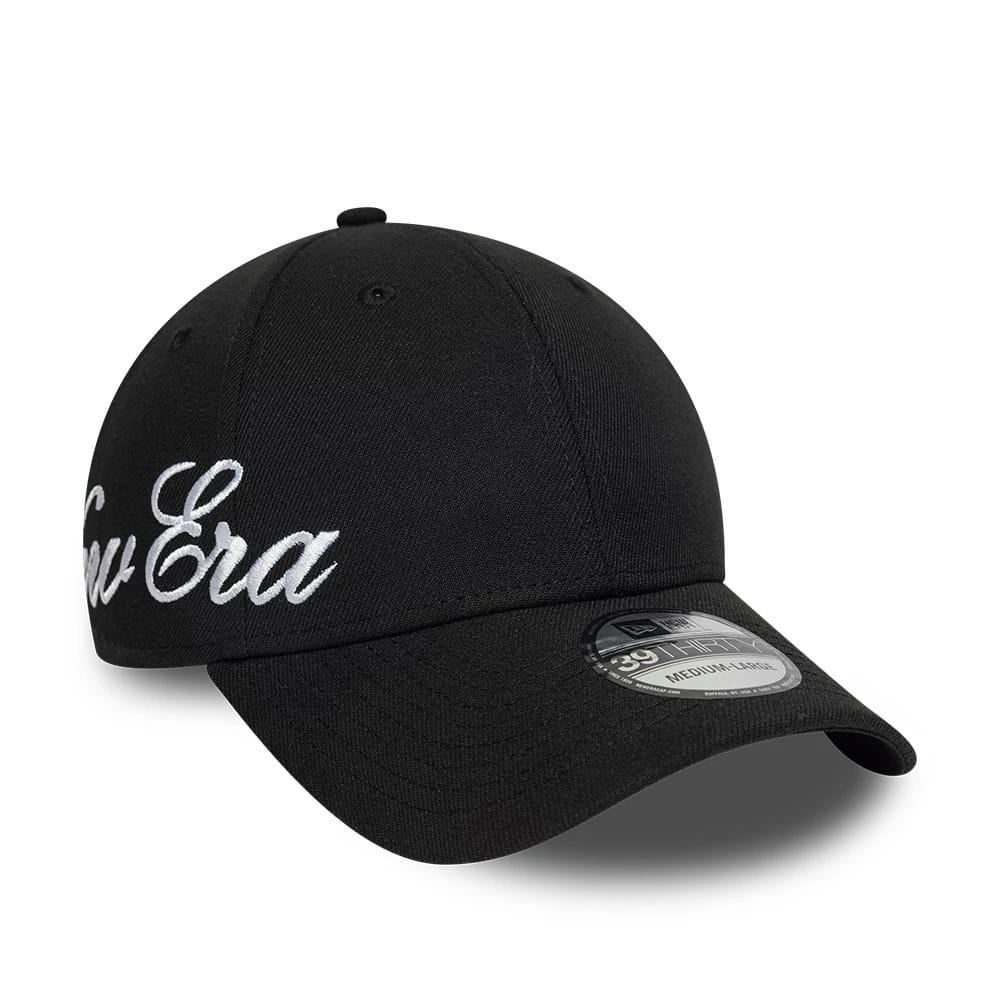 Pictured is this New Era Big Script 39THIRTY Stretch Fit cap in black. 1