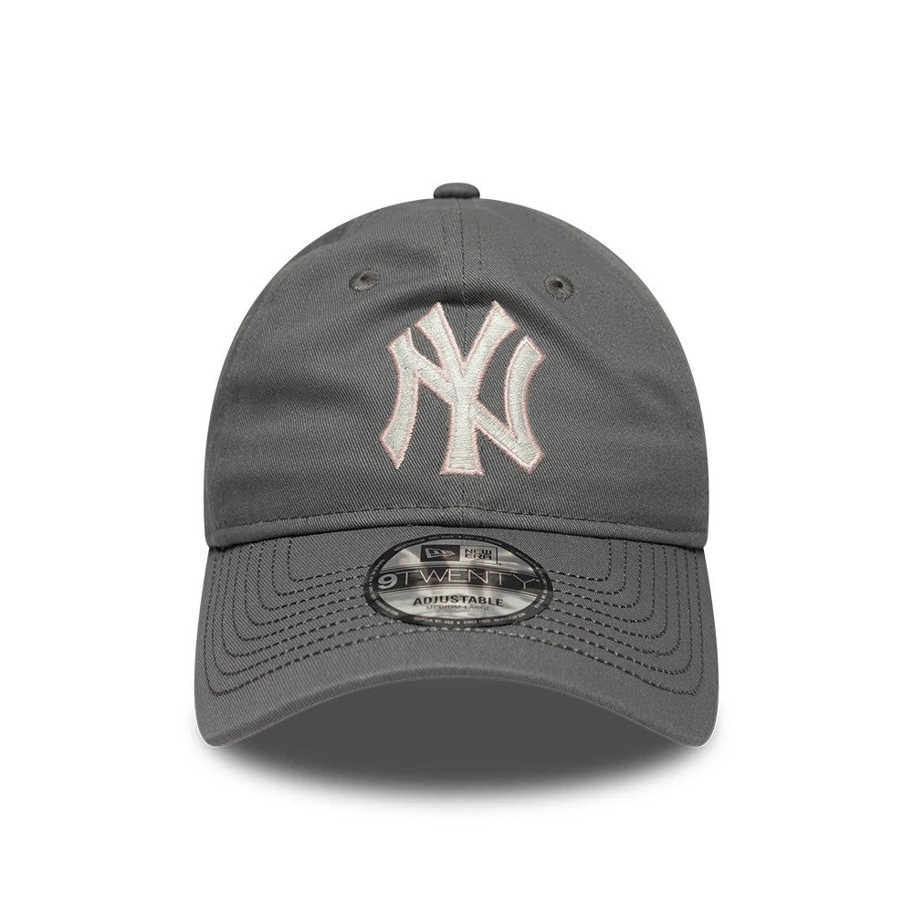New York Yankees MLB Sakura Nagashi Grey New Era 9TWENTY Adjustable Cap, front view showing a raised white NY logo on the structured grey front panel with matching grey eyelets and a centred 9TWENTY size sticker on the visor.