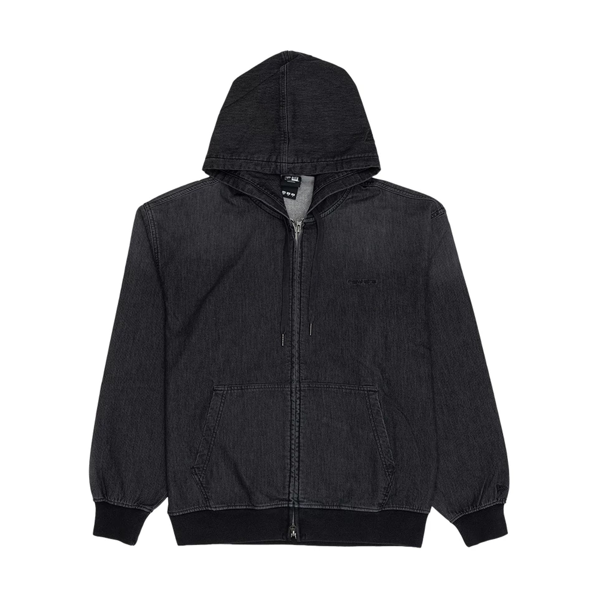 The model is wearing this New Era Washed Full Zip Hoodie in black. 1