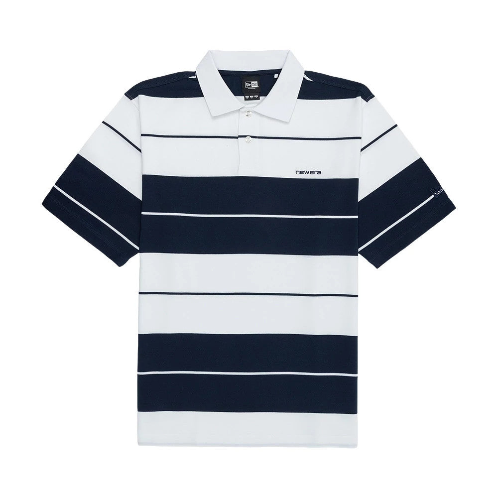 New Era Stripe White Polo T-Shirt, front view showing broad navy stripes across the white fabric, a small debossed New Era logo on the left chest, and classic polo collar with a buttoned placket.