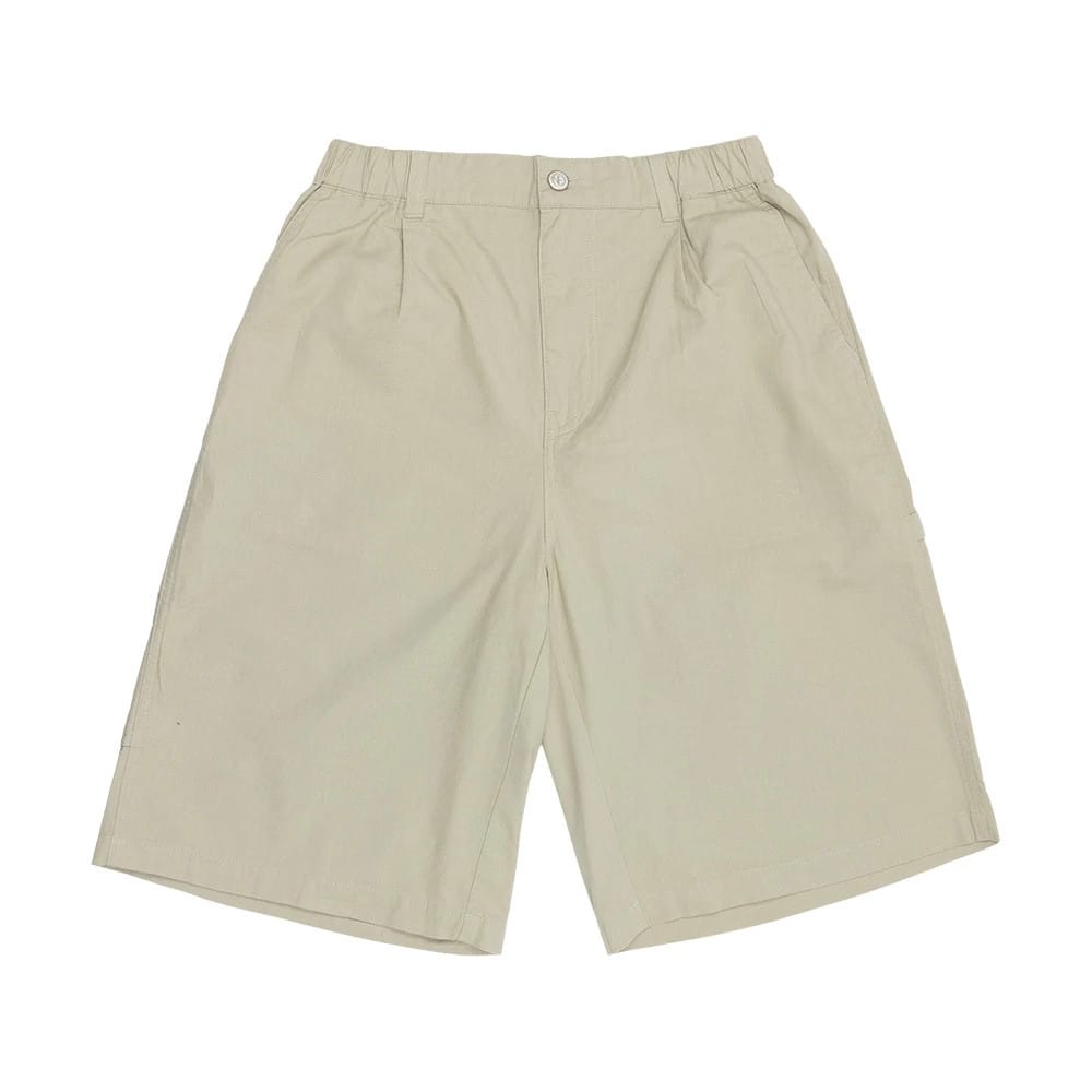 The model is wearing this New Era Canvas Bermuda Shorts in beige. 7