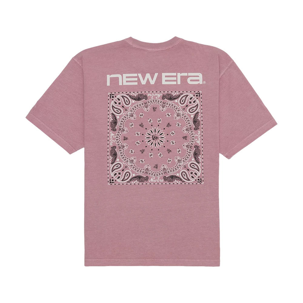 New Era Paisley Pink T-Shirt, rear view showing a large paisley design printed centrally in white and darker pink on the back, with a raised New Era logo above it near the neckline of the pink fabric.