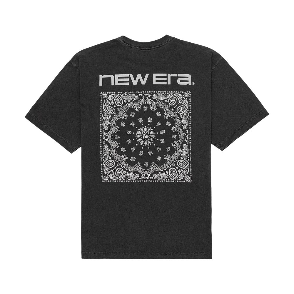 New Era Paisley Black T-Shirt, rear view showing a large white debossed New Era logo at the top and an intricate white paisley pattern design centred below on the black fabric.