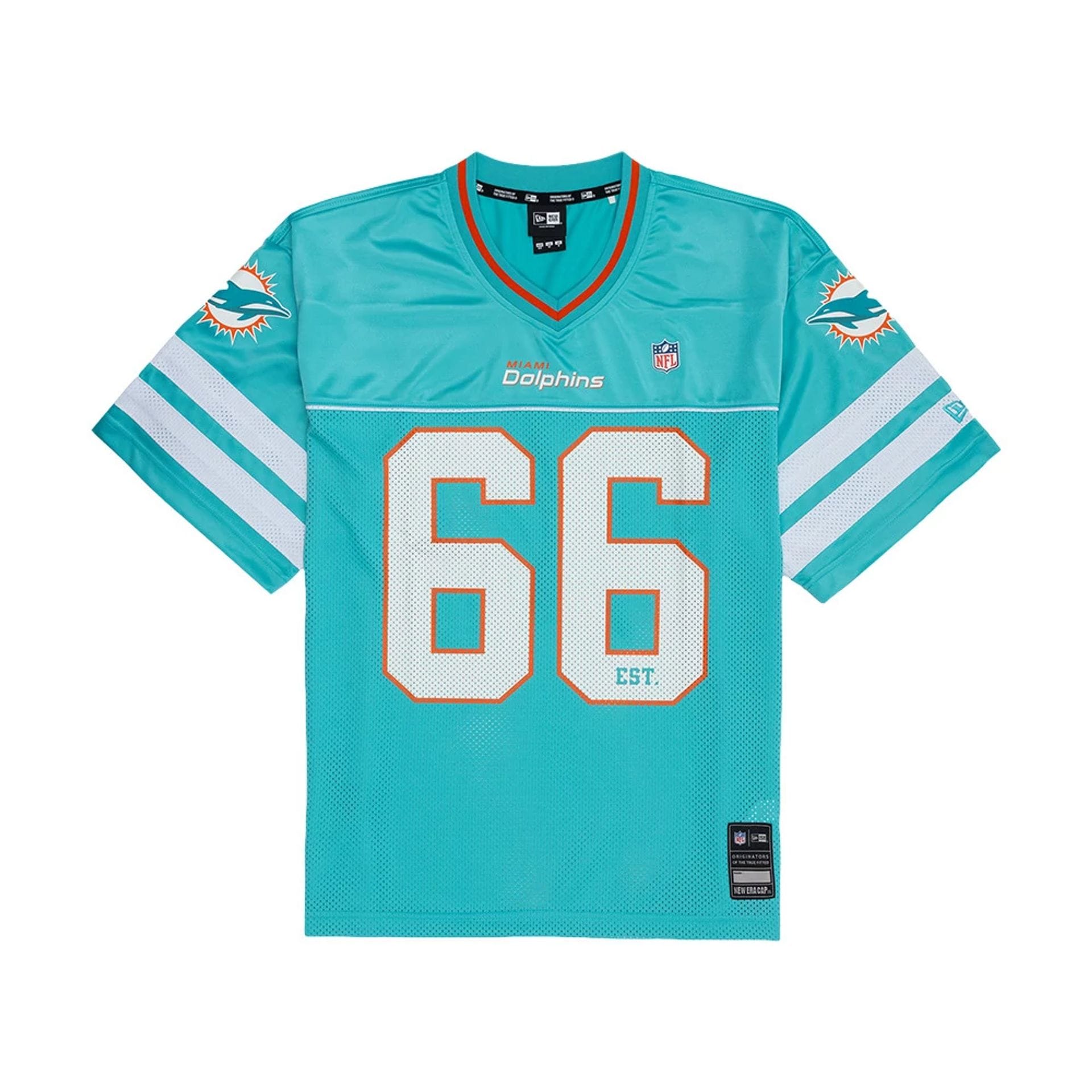 The model is wearing this NFL Miami Dolphins Mesh Jersey in turquoise. 1