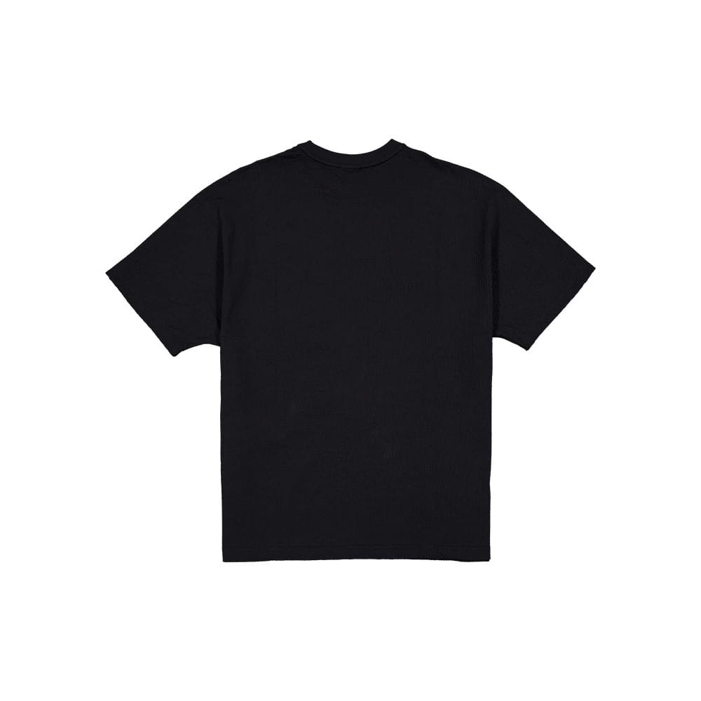 The model is wearing this New Era Black Label Seersucker T-Shirt in black. 2