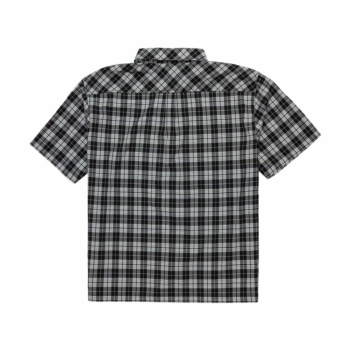 New Era Check Black Short Sleeve Shirt, back view showing the black and white check pattern across the entire back, short sleeves, and a standard collar without any additional logos or embellishments.