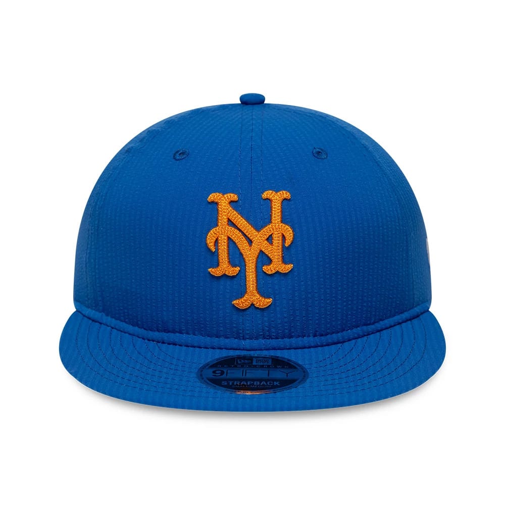 New York Mets MLB Seersucker Dark Blue Retro Crown New Era 9FIFTY Adjustable Cap, front view with a raised orange NY logo on the structured crown, dark blue top button, and black 9FIFTY size sticker on the flat visor.