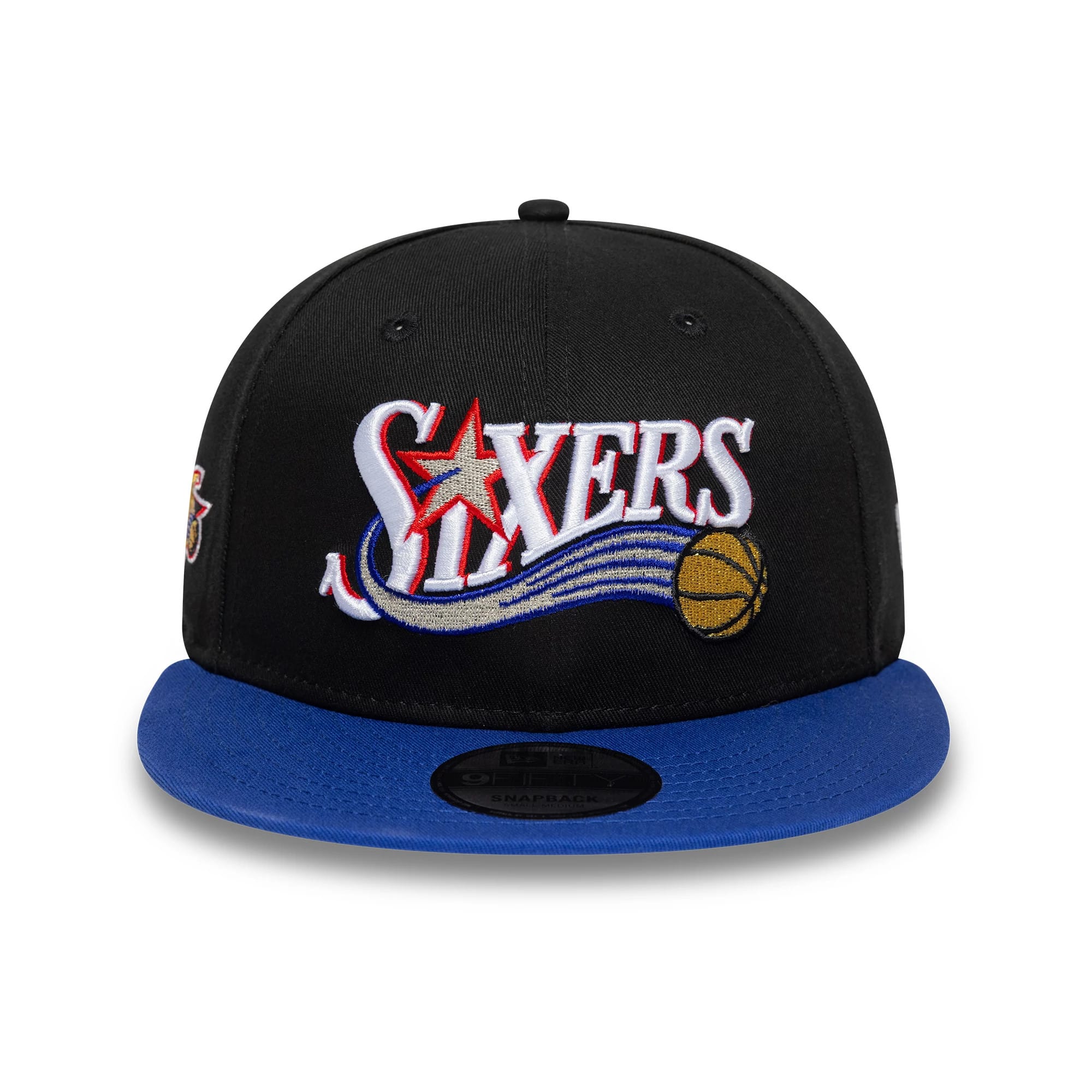 Pictured is this NBA Hardwood Classic Philadelphia 76ers 9FIFTY Snapback cap in black & blue. 2