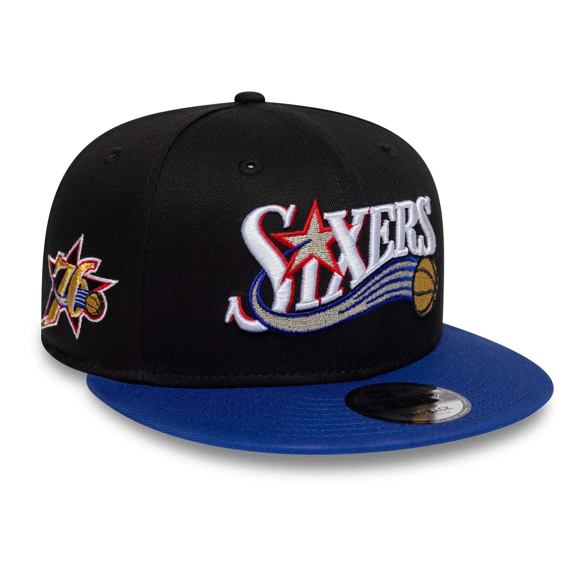 Pictured is this NBA Hardwood Classic Philadelphia 76ers 9FIFTY Snapback cap in black & blue. 1