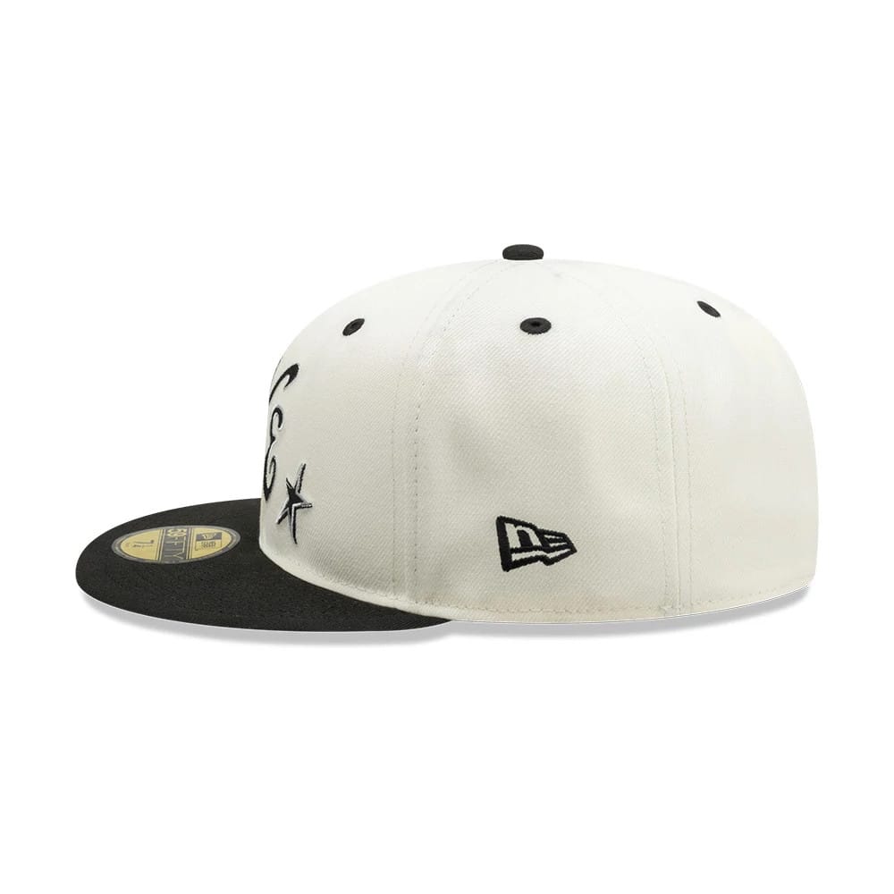 New Era Punkcore White & Black 59FIFTY Fitted Cap, side view showing the embroidered New Era flag logo on the left side and a contrast black visor with a gold 59FIFTY size sticker on top.