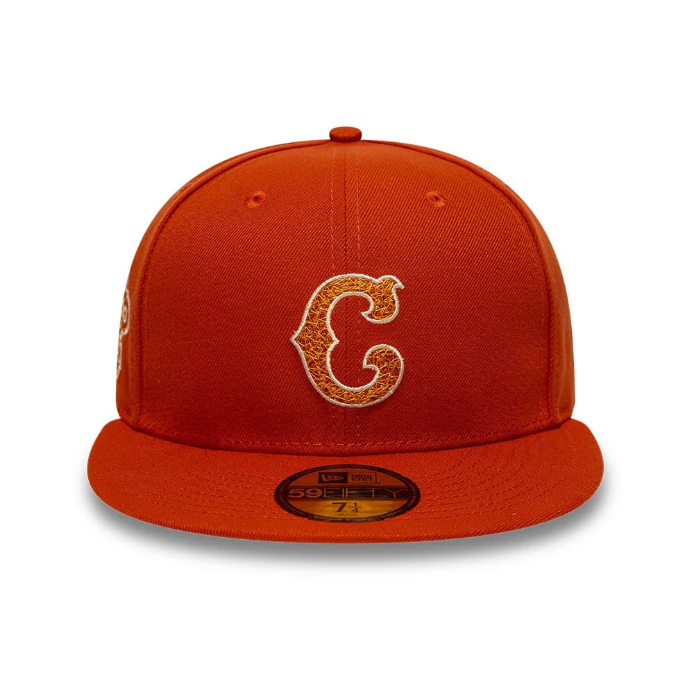 Chicago Cubs MLB Pack Dark Orange New Era 59FIFTY Fitted Cap, front view with intricate orange embroidered C logo on the front panel and 59FIFTY size sticker on the visor, showcasing the structured crown and top button.