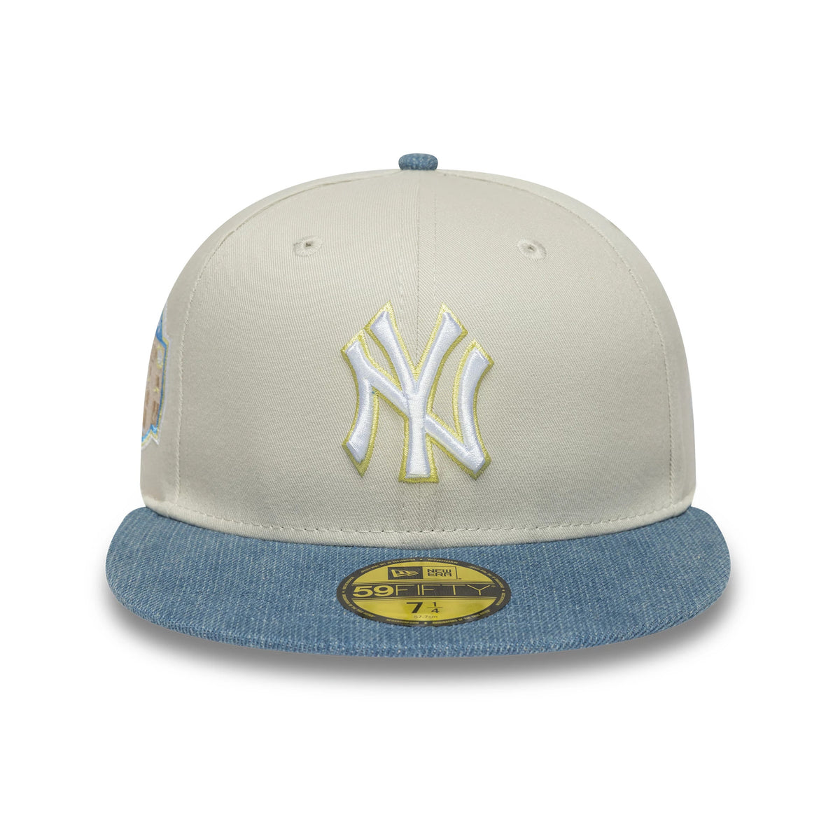 New York Yankees MLB Denim Mix Beige New Era 59FIFTY Fitted Cap, front view showing white and gold embroidered NY logo on the front panel, with light blue denim visor and gold 59FIFTY size sticker on top.