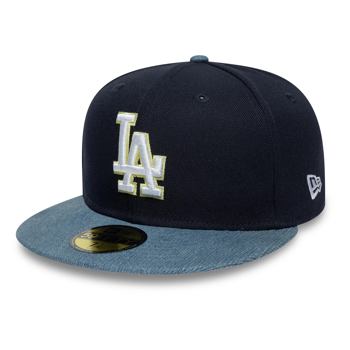LA Dodgers MLB Denim Mix Navy New Era 59FIFTY Fitted Cap, front view showing the white embroidered LA logo on the navy crown, with a light denim visor and a gold 59FIFTY size sticker on top.
