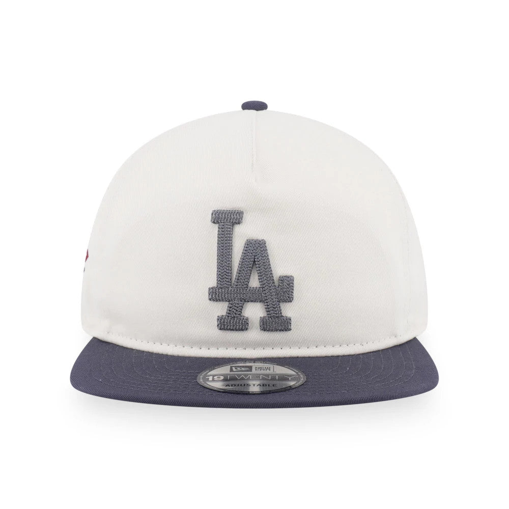 Los Angeles Dodgers MLB Pack White & Grey New Era 19TWENTY Adjustable Cap, front view showing the grey embroidered LA logo on the front panel, with a grey visor and 19TWENTY size sticker on top.