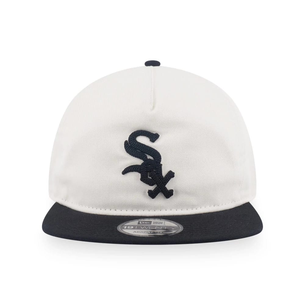 Chicago White Sox MLB Pack White & Black New Era 19TWENTY Adjustable Cap, front view showing the raised black embroidered Sox logo on the white front panel, paired with a contrasting black flat visor and 19TWENTY size sticker.