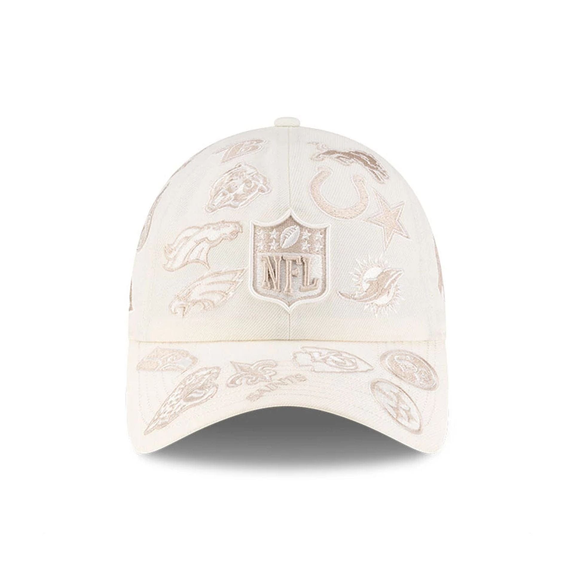 Pictured is this NFL X Bad Bunny All Over Logos Casual Classic cap in cream. 2