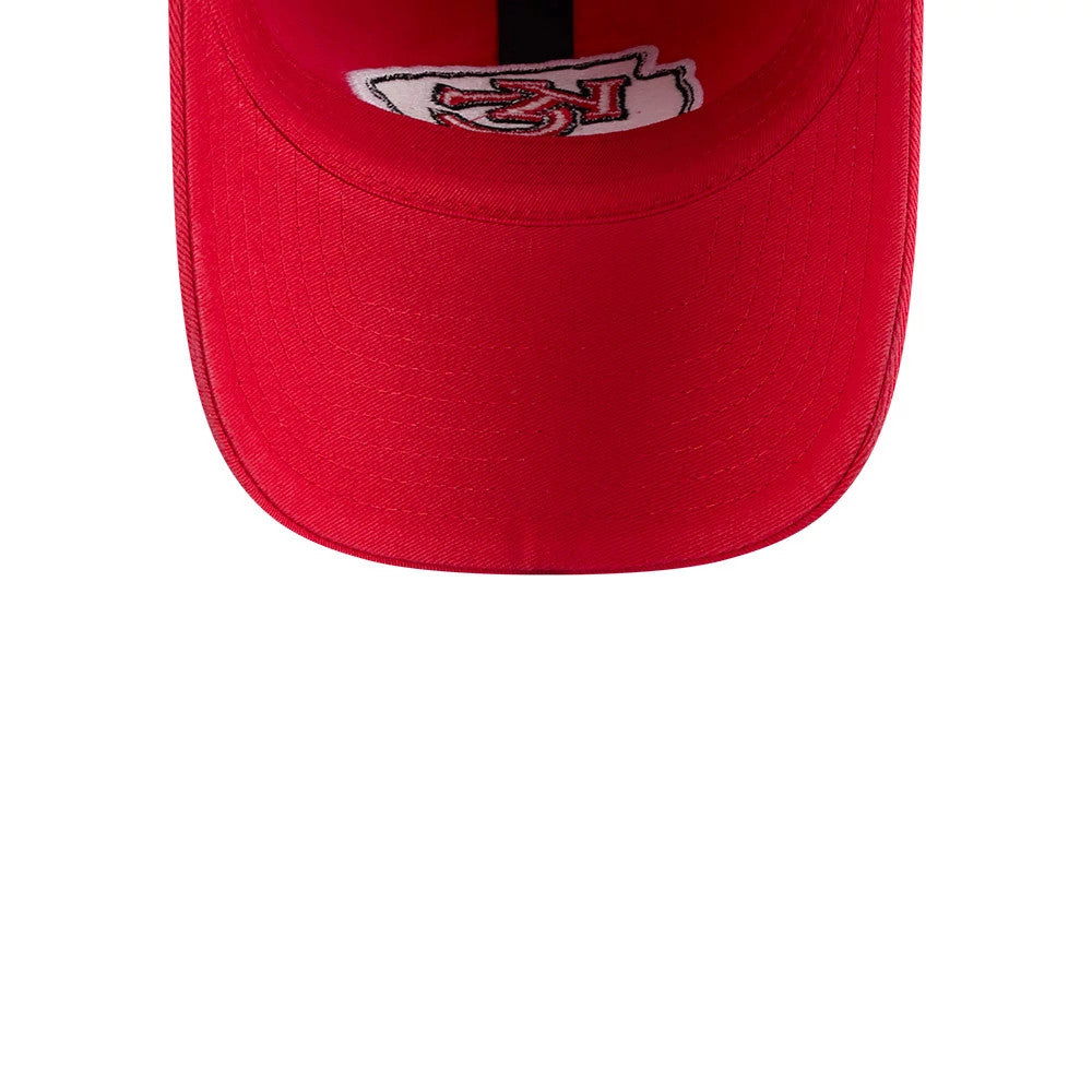 New Era Kansas City Chiefs NFL X Bad Bunny Red Casual Classic Adjustable Cap, inside view showing the red sweatband and centre seam, with the team logo on the underside of the red visor.