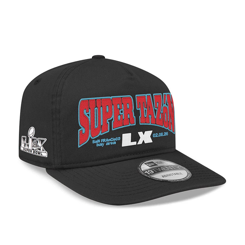 NFL X Bad Bunny Super Tazon LX 2026 Black New Era 19TWENTY Adjustable Cap, front view showing raised red "SUPER TAZÓN" embroidery, white and blue text below, with a 19TWENTY size sticker on the black visor and side Super Bowl logo.
