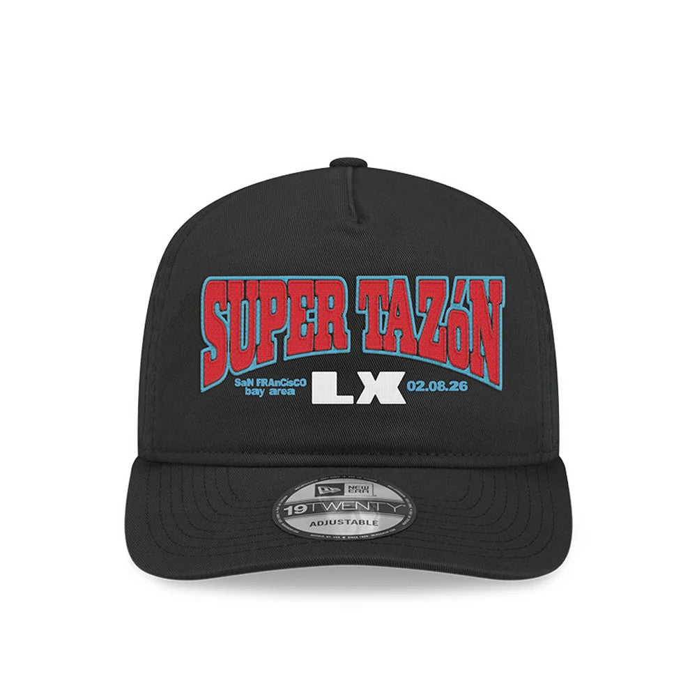 NFL X Bad Bunny Super Tazon LX 2026 Black New Era 19TWENTY Adjustable Cap, front view showing raised red Super Tazon lettering on the structured black crown, with a 19TWENTY size sticker on the black flat visor.