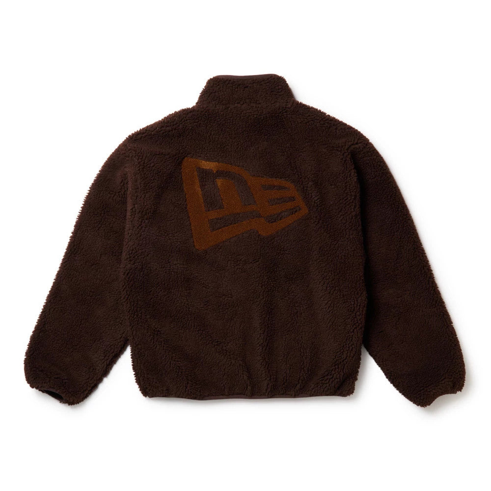 New Era Blouson Dark Brown Jacket, back view showing a large embossed New Era logo in a lighter brown centred across the upper back of the soft dark brown fabric with long sleeves and a high collar.