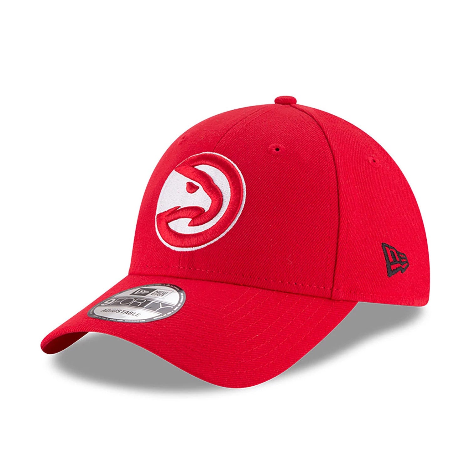 Atlanta Hawks NBA The League Red New Era 9FORTY Adjustable Cap, front view showing the white raised embroidered Hawks logo on the front panel, with a 9FORTY size sticker on the red curved visor and black New Era flag logo on the left side.