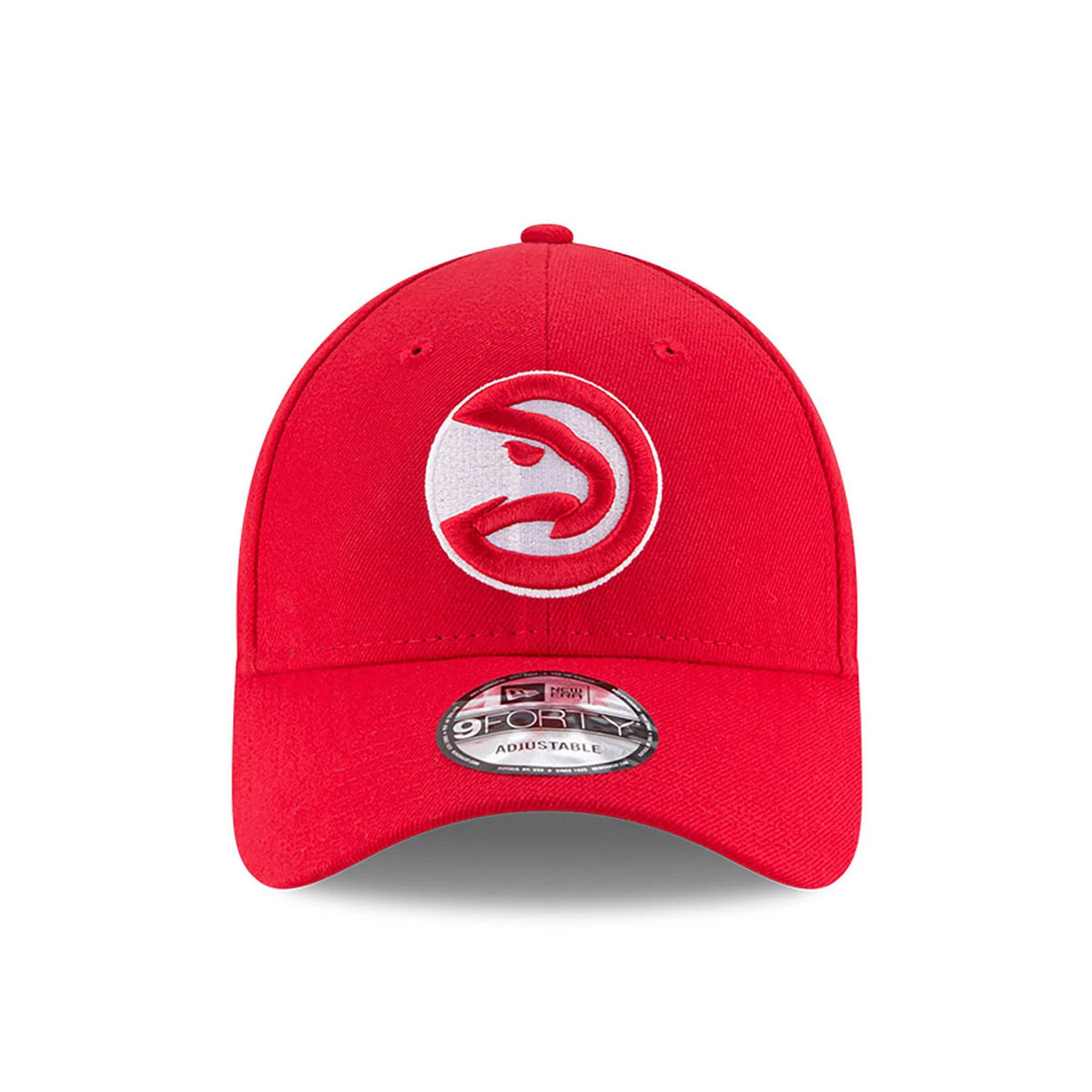 Atlanta Hawks NBA The League Red New Era 9FORTY Adjustable Cap, front view showing the white and red embroidered Hawks logo on the front panel with a 9FORTY size sticker on the red visor.