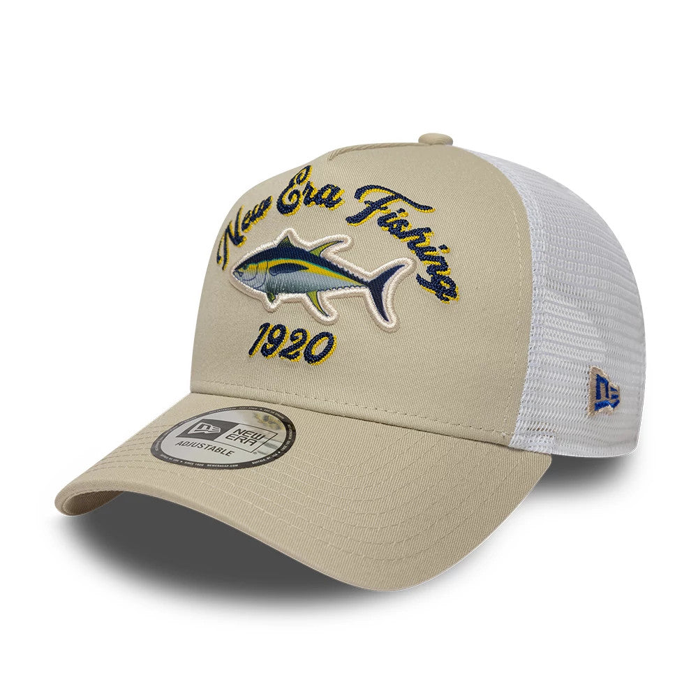 Pictured is this New Era Fishing 9FORTY A-Frame Trucker Adjustable cap in light beige. 1