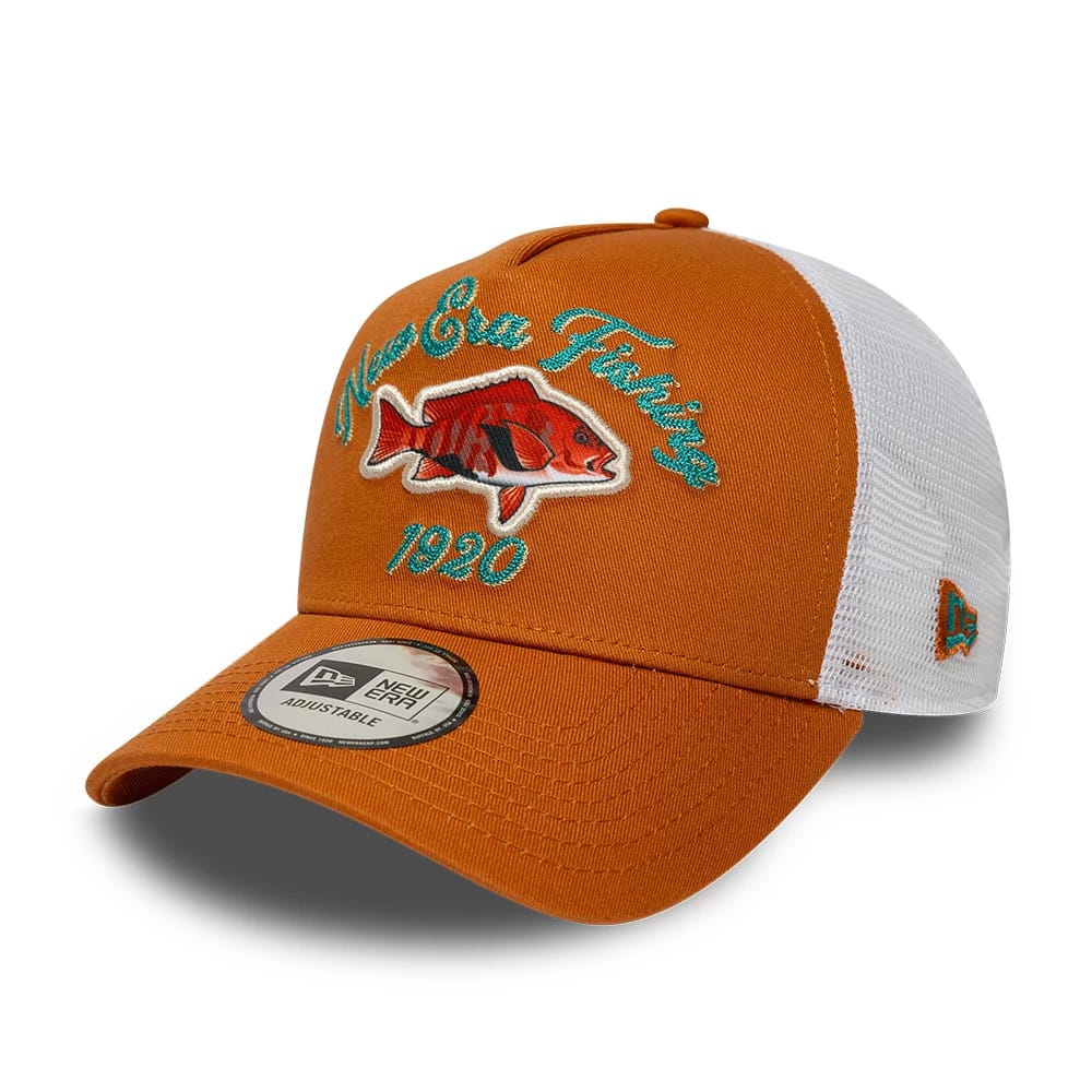 Pictured is this New Era Fishing 9FORTY A-Frame Trucker Adjustable cap in orange. 1