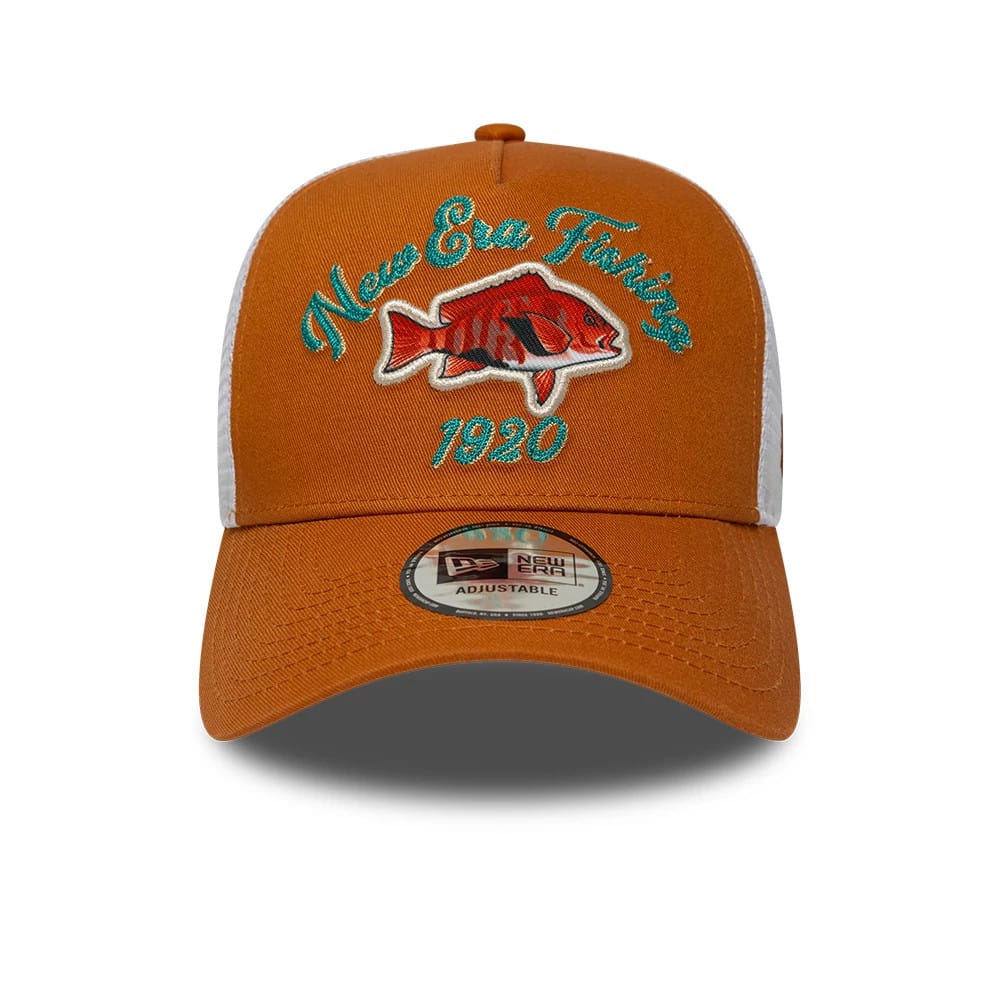 Pictured is this New Era Fishing 9FORTY A-Frame Trucker Adjustable cap in orange. 2