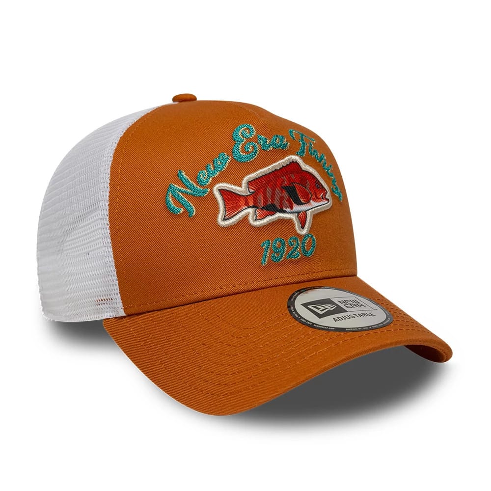 New Era Fishing Orange New Era 9FORTY A-Frame Trucker Adjustable Cap, front view showing embroidered teal New Era Fishing text and red fish graphic above 1920 on orange crown with white mesh back panels and a 9FORTY size sticker on the visor.