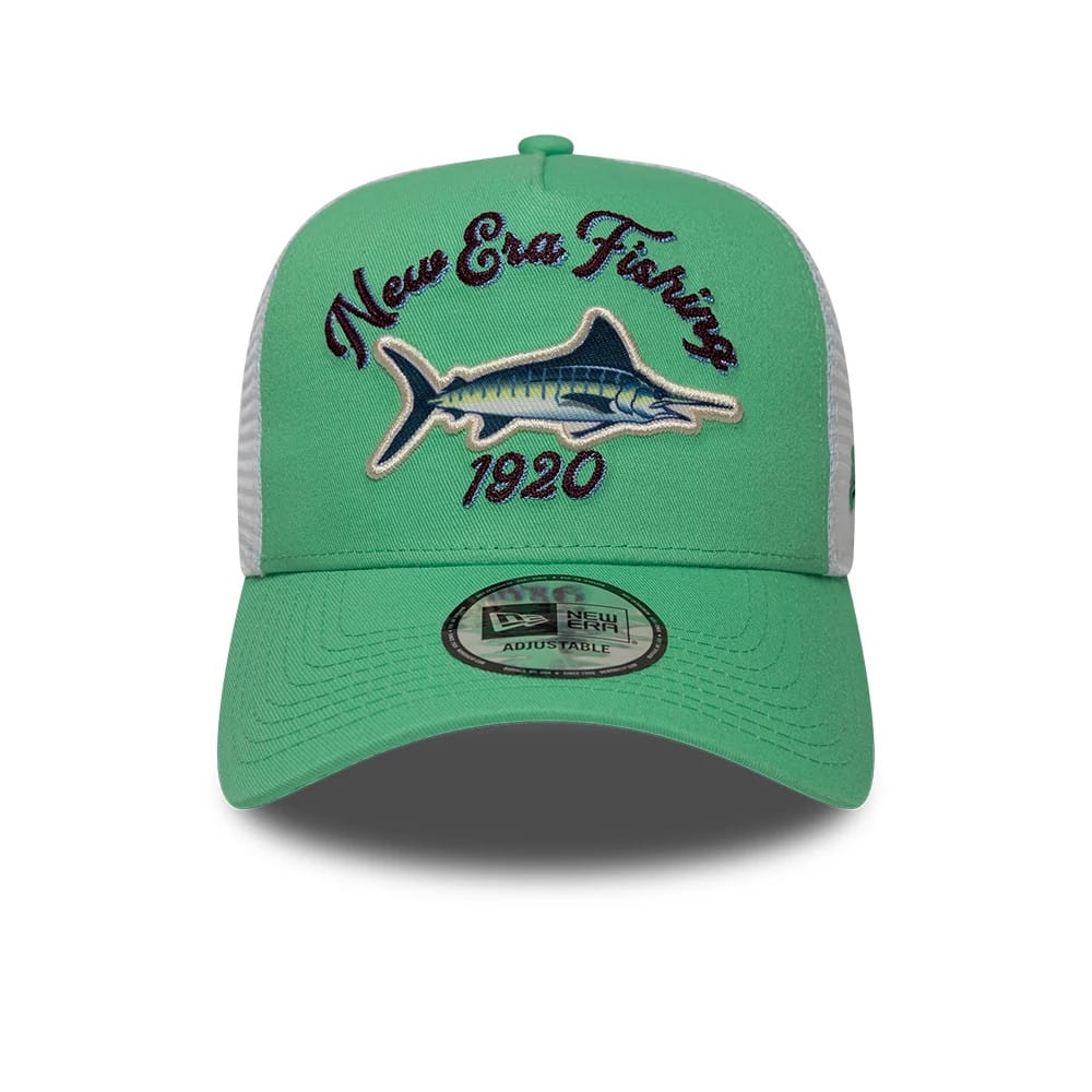 Pictured is this New Era Fishing 9FORTY A-Frame Trucker Adjustable cap in open green. 2