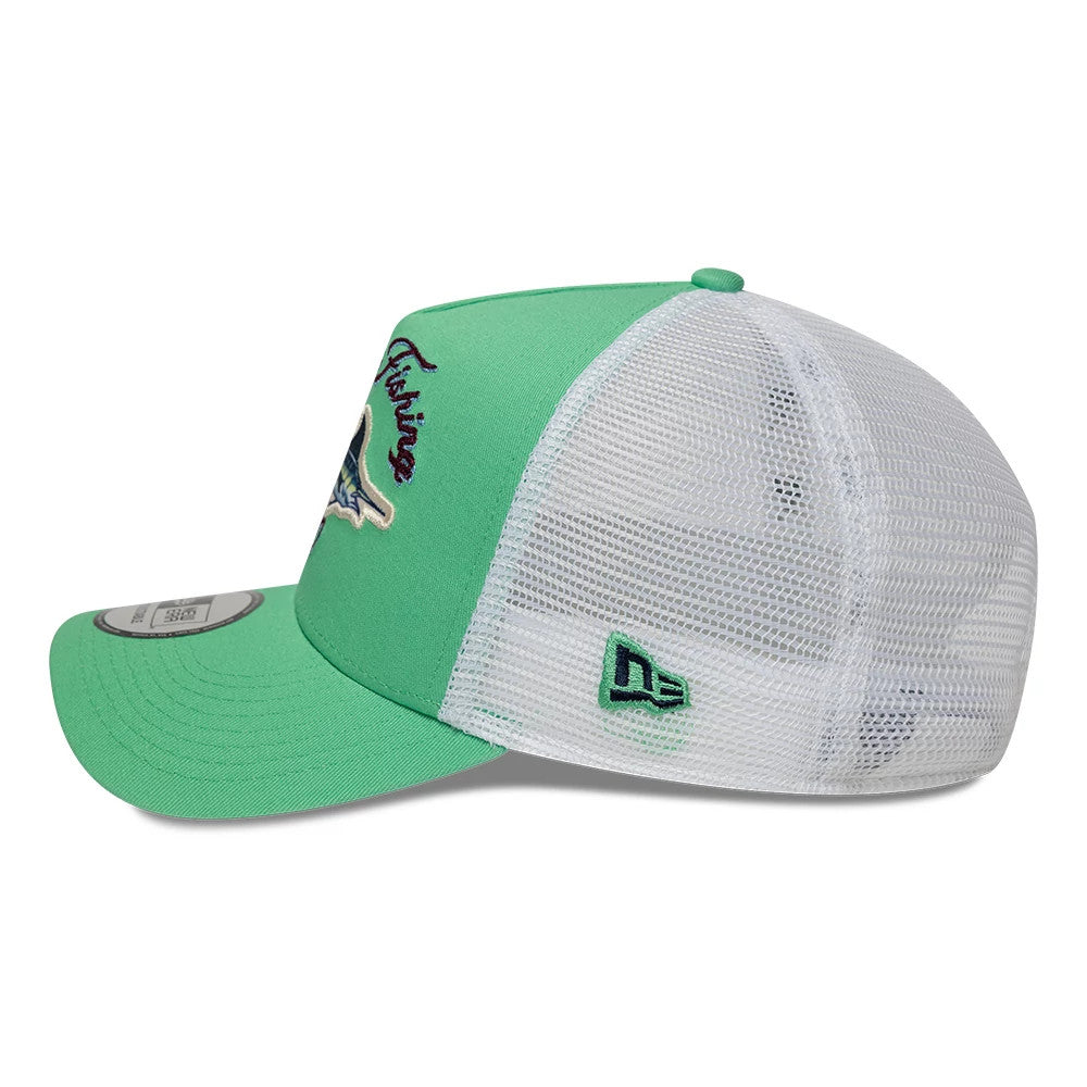 Pictured is this New Era Fishing 9FORTY A-Frame Trucker Adjustable cap in open green. 4