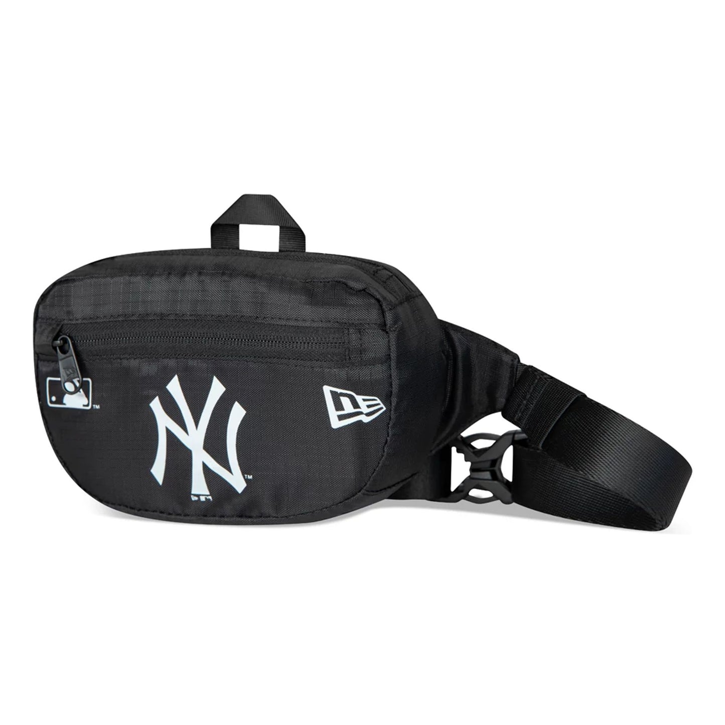 New York Yankees Core Black Mini Waist Bag, front view showing the black oval shape with a raised New York Yankees logo centred, a zip pocket above, a New Era logo on the right side and a small handle at the top.