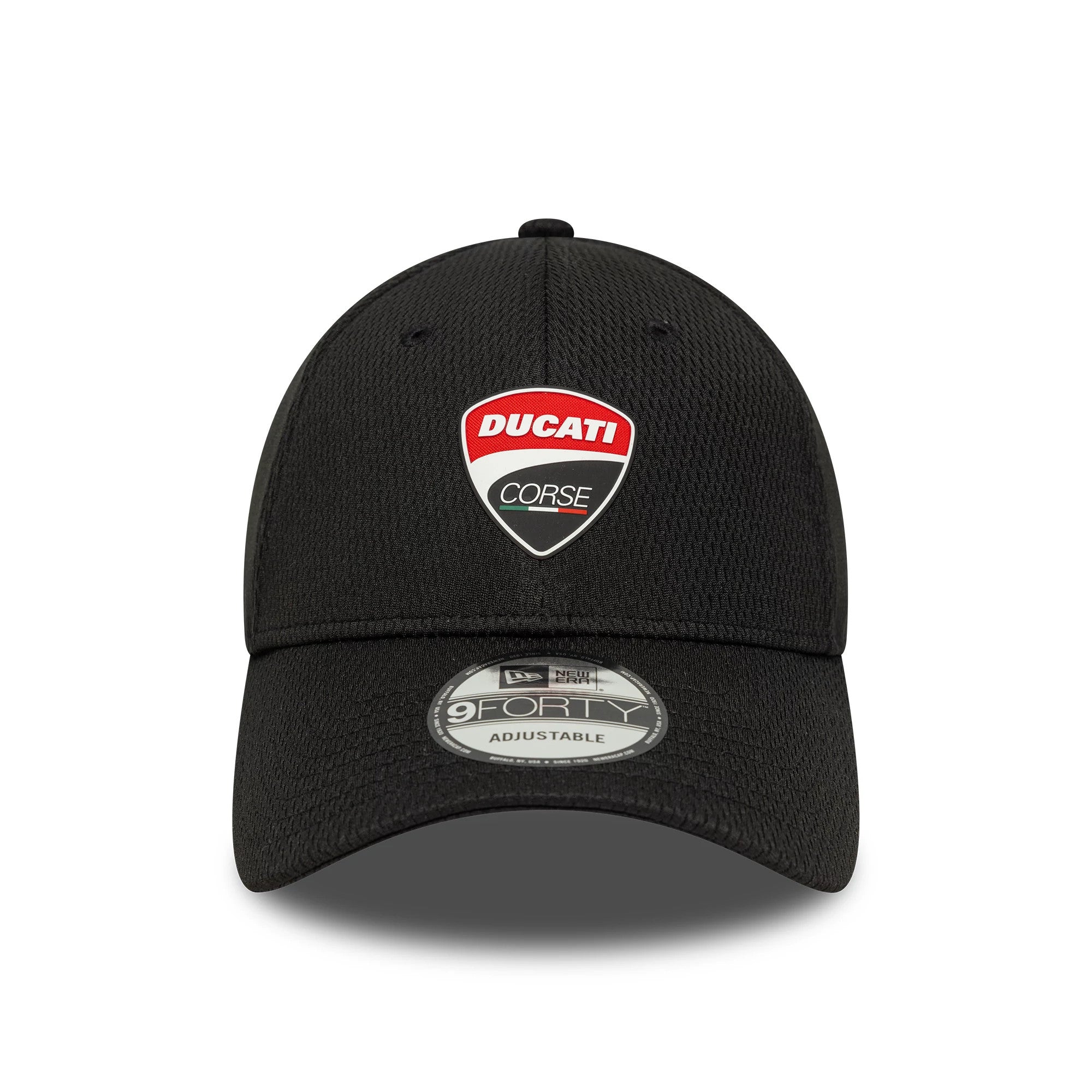 Ducati Motor Logo Dashmark Mesh Black New Era 9FORTY Adjustable Cap, front view showing the Ducati Corse logo patch on the front panel, with a slightly curved visor and 9FORTY size sticker on top.