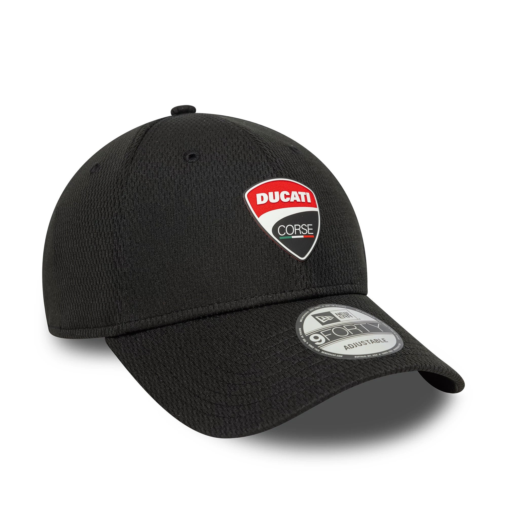 Ducati Motor Logo Dashmark Mesh Black New Era 9FORTY Adjustable Cap, three-quarter view showing the red, white and black embroidered Ducati Corse logo on the front panel, with a 9FORTY size sticker on the curved visor.