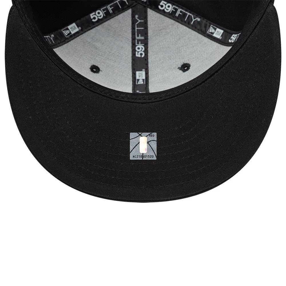LA Lakers NBA Black New Era 59FIFTY Fitted Cap, inside view showing the black sweatband with 59FIFTY branding, grey taping around the crown panels, and a sticker on the black undervisor.