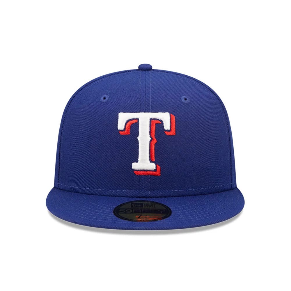 MLB Authentic On Field Texas Rangers Blue New Era 59FIFTY Fitted Cap, front view showing a raised embroidered white and red T logo on the front panels, with a flat visor and gold 59FIFTY size sticker.
