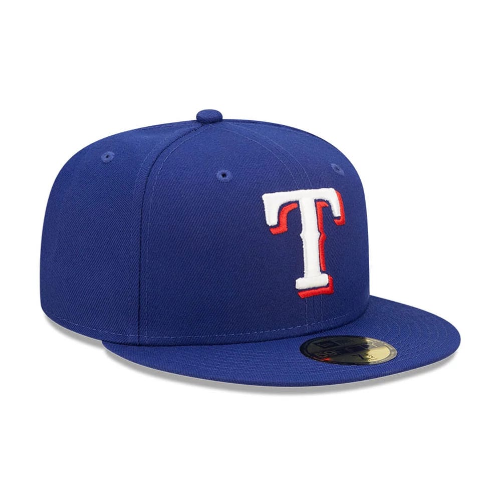 MLB Authentic On Field Texas Rangers Blue New Era 59FIFTY Fitted Cap, front view showing the raised embroidered white and red T logo on the structured blue crown, with a flat blue visor and gold 59FIFTY size sticker.