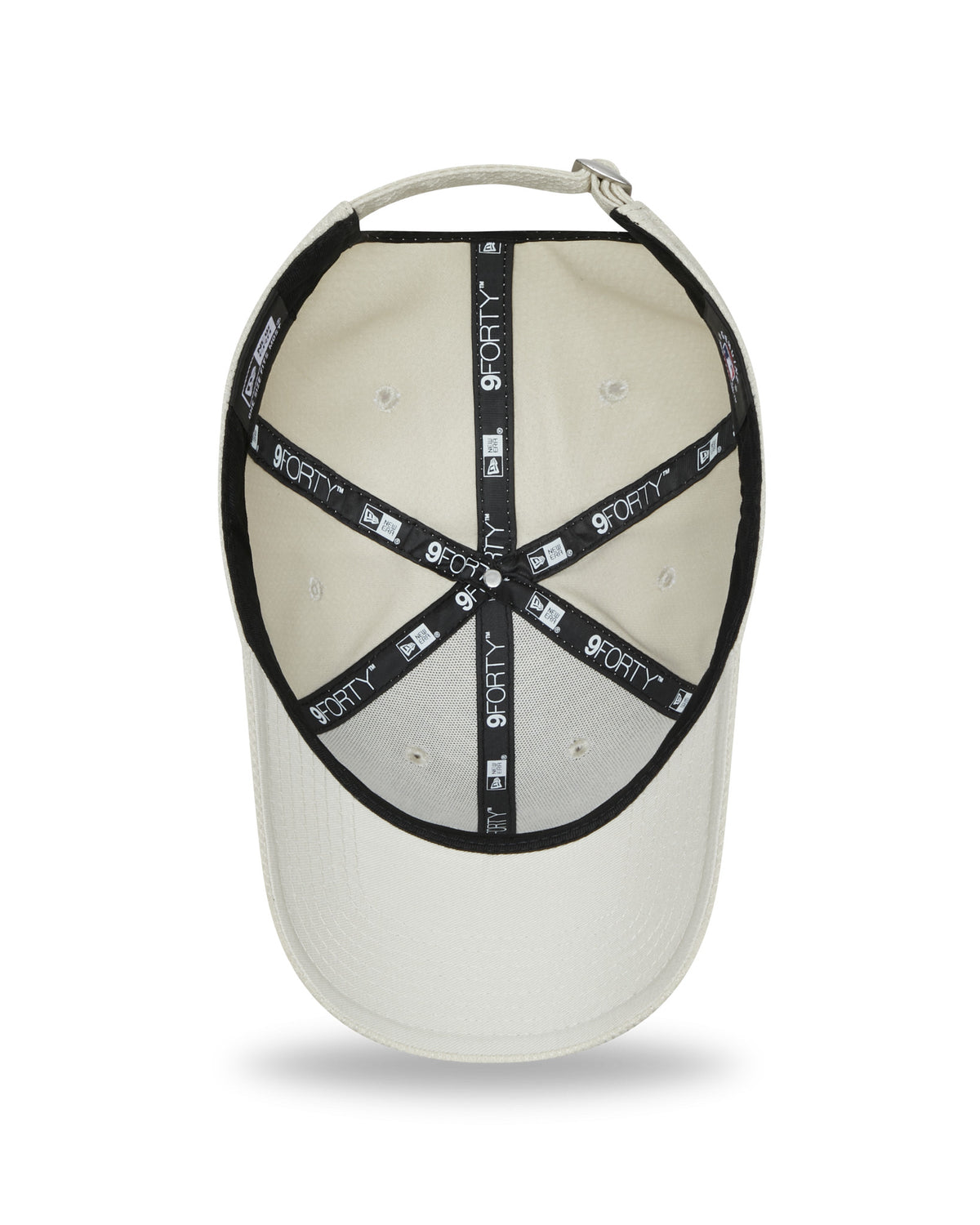 New York Yankees Diamond Era Stone New Era 9FORTY Cap, inside view showing black taping with white 9FORTY and New Era logos crossing the stone interior, with matching colour sweatband and adjustable strap.