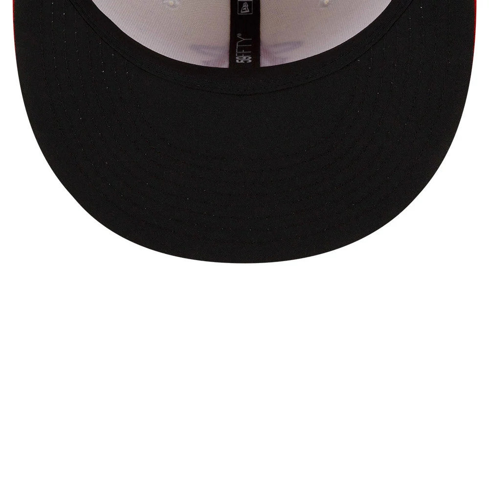 LA Angels MLB City Connect Red New Era 59FIFTY Fitted Cap, inside view showing the black undervisor and black taping with 59FIFTY branding across the crown, visible through the eyelets.