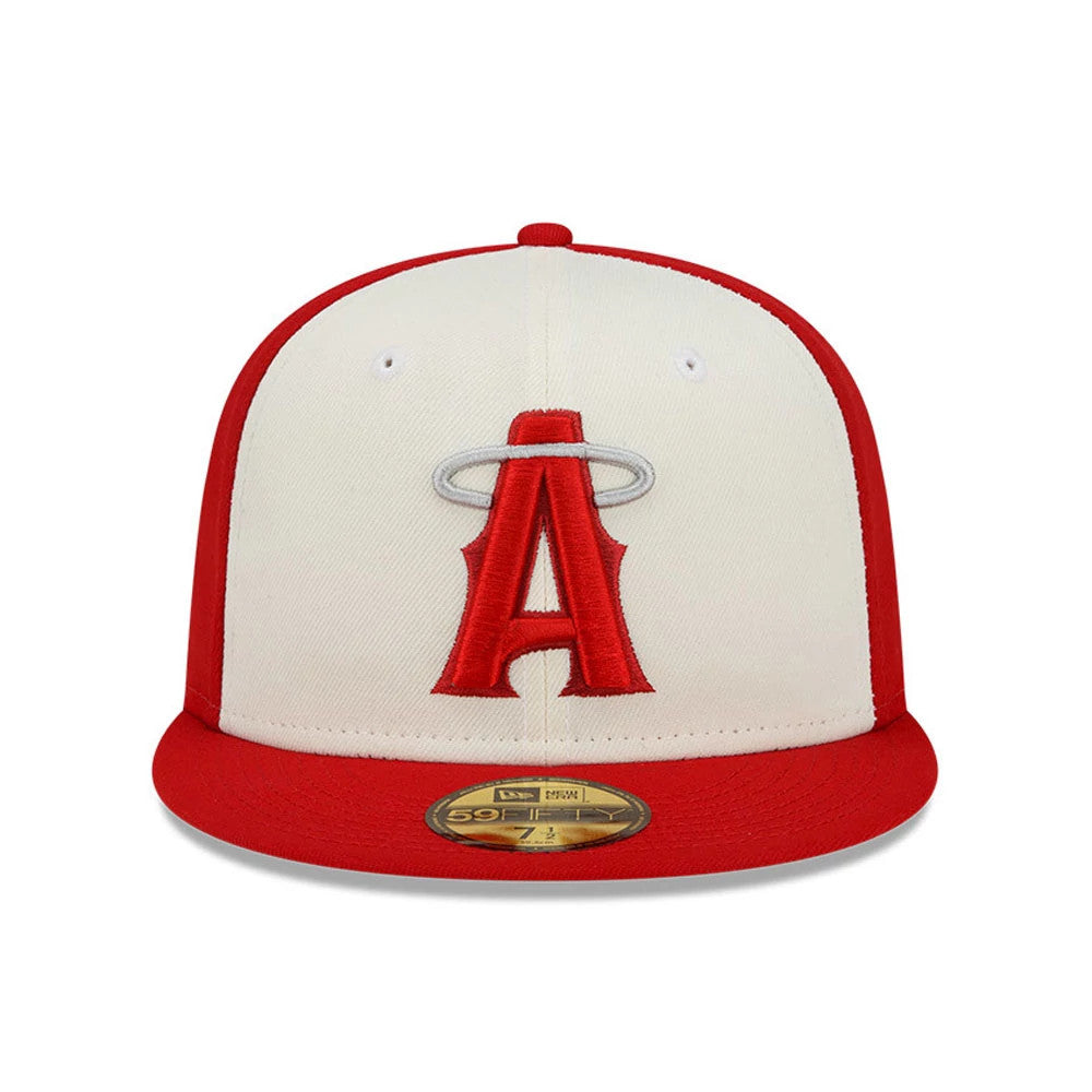 LA Angels MLB City Connect Red New Era 59FIFTY Fitted Cap, front view showing the white embroidered A logo with a red halo on the front panel, complemented by a gold 59FIFTY size sticker on the red flat visor.