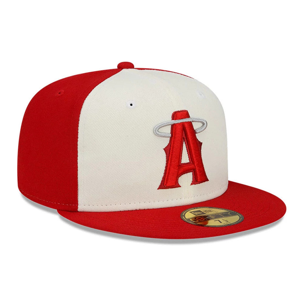 LA Angels MLB City Connect Red New Era 59FIFTY Fitted Cap, three-quarter view showing red and white panels with a raised embroidered A logo on the front, red flat visor featuring a gold 59FIFTY size sticker.