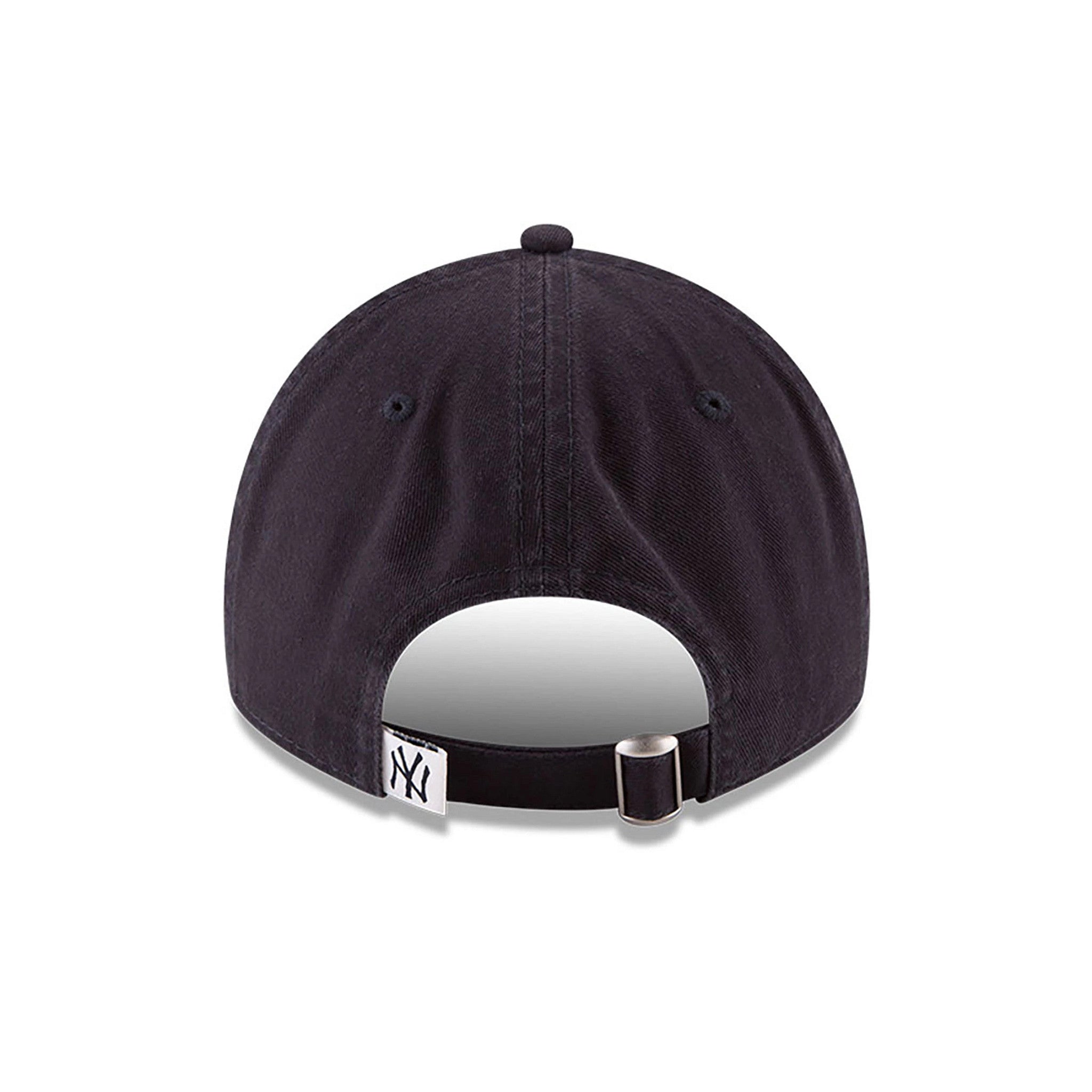 New York Yankees MLB Core Classic Navy New Era 9TWENTY Adjustable Cap, rear view showing the white NY logo tag on the black fabric strap with metal buckle, and the top button centred on the unstructured navy crown.