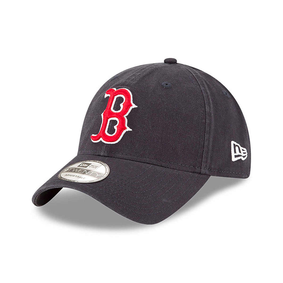 Boston Red Sox MLB Core Classic Navy New Era 9TWENTY Adjustable Cap, three-quarter view with a raised red B logo on the front panel, curved visor with a 9TWENTY size sticker, and a white New Era flag logo on the left side.