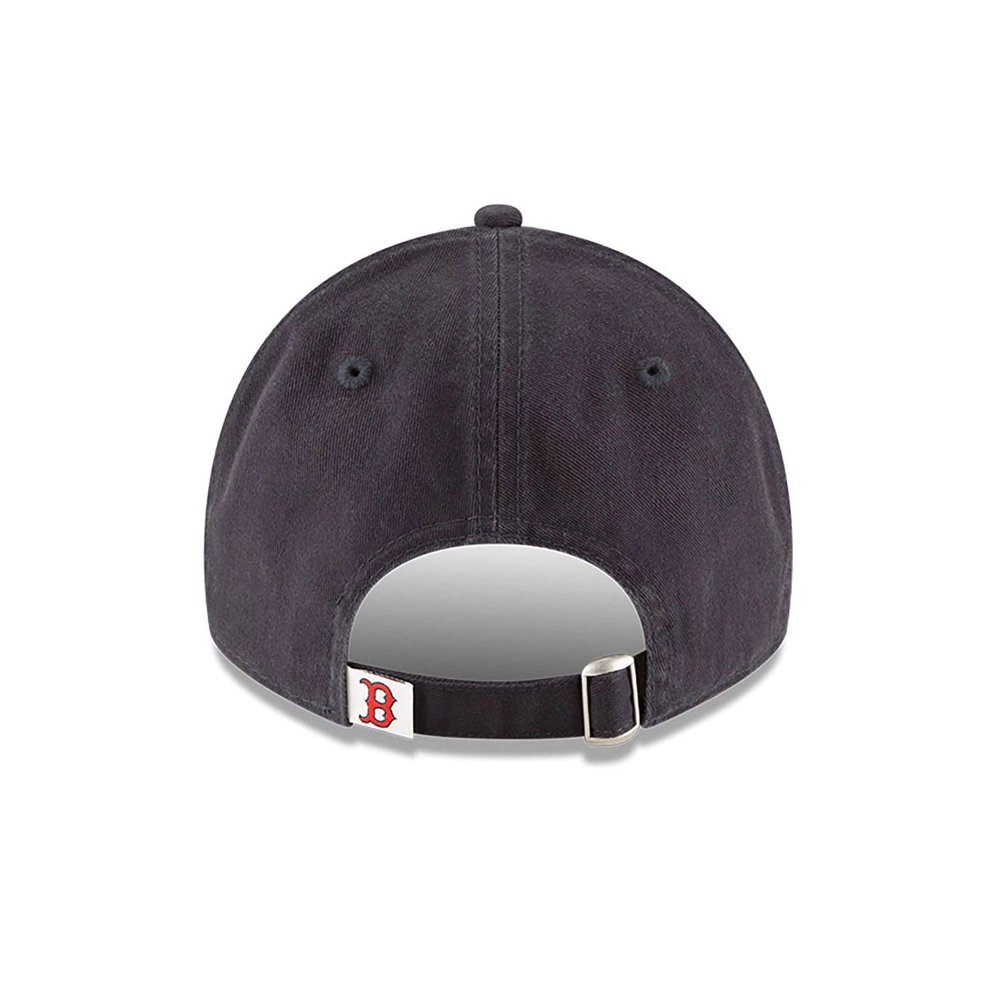 Boston Red Sox MLB Core Classic Navy New Era 9TWENTY Adjustable Cap, rear view showing a red B logo on the adjustable strap at the base of the unstructured navy crown, below the top button.