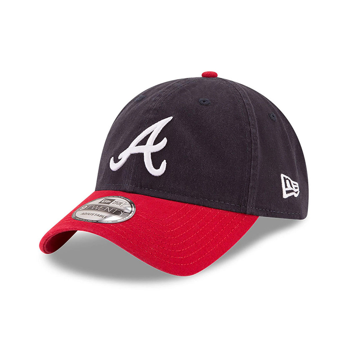 Atlanta Braves MLB Core Classic Navy and Red New Era 9TWENTY Adjustable Cap, three-quarter view showing the raised white A logo on the navy front panel, with the red curved visor and 9TWENTY size sticker, and the New Era flag logo on the left side.