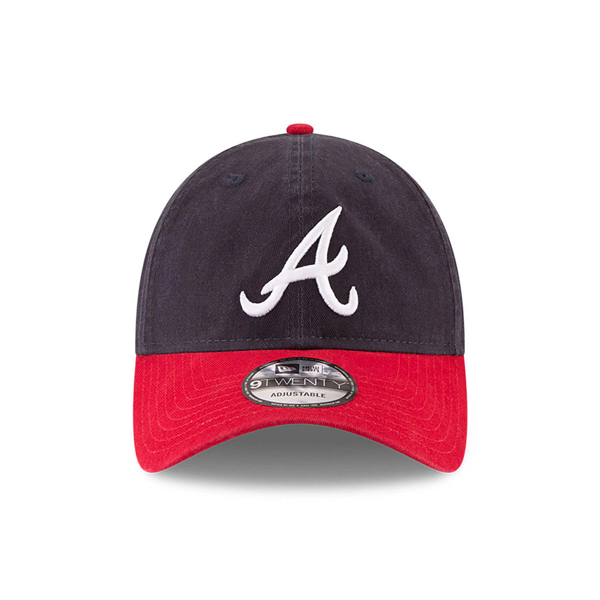 Atlanta Braves MLB Core Classic Navy and Red New Era 9TWENTY Adjustable Cap, front view showing the raised white embroidered A logo on the navy front panel, with a red visor and centred 9TWENTY size sticker.